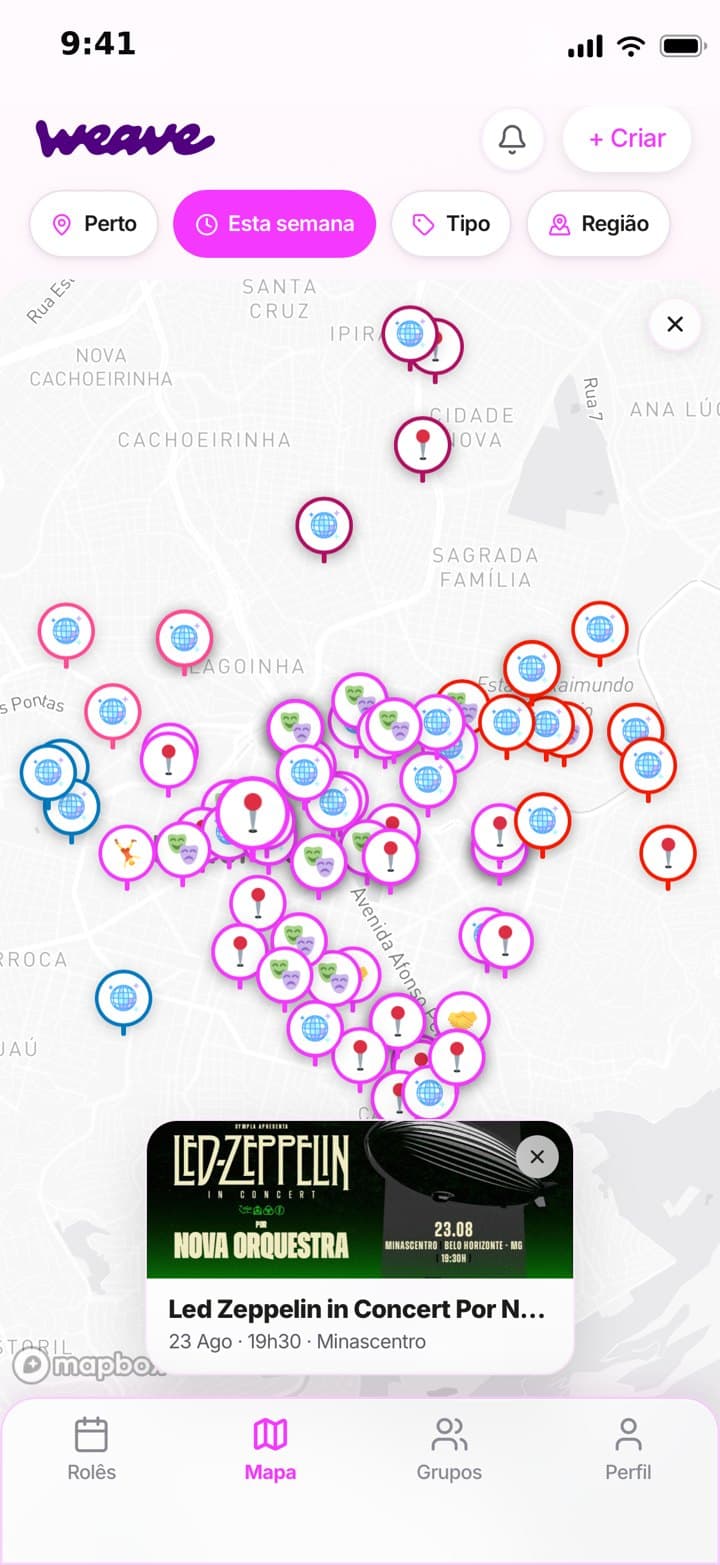 mapa do weave com os rolês de BH